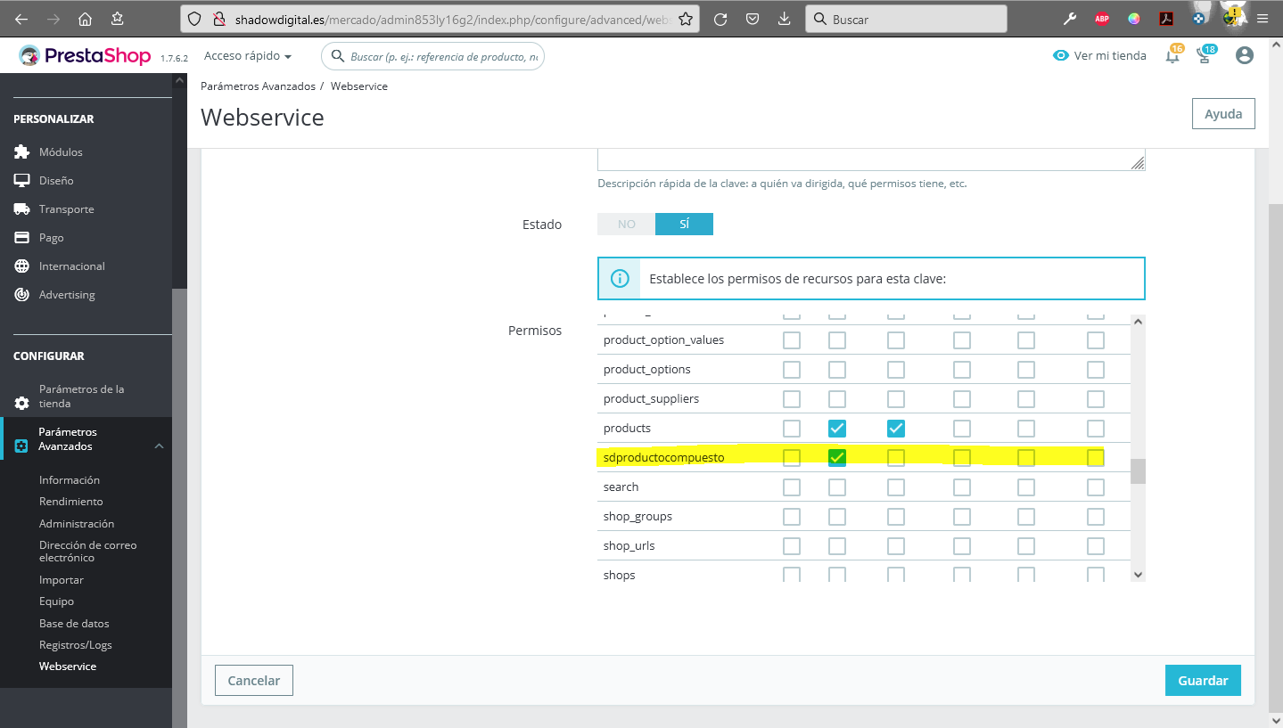 Servicio de configuración del webservice de Prestashop 1.7